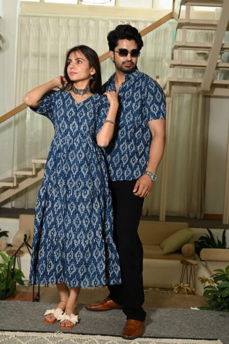 Couple Matching Blue Ikat Print Cotton Anarkali Midi Dress and Shirt Set